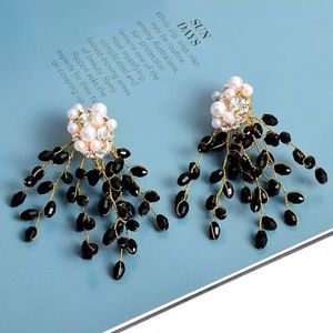 Pearl and Rhinestone Black beaded branches Earri…